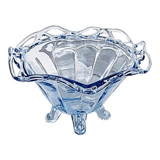 1950s Mid-Century Tiffin Franciscan Art Glass Footed Bowl in Twighlight Blue With Lace Detail For Sale