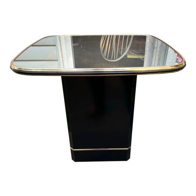 1980s Postmodern Side Tables With Mirror Top & Black Laquered Pedestal Base For Sale