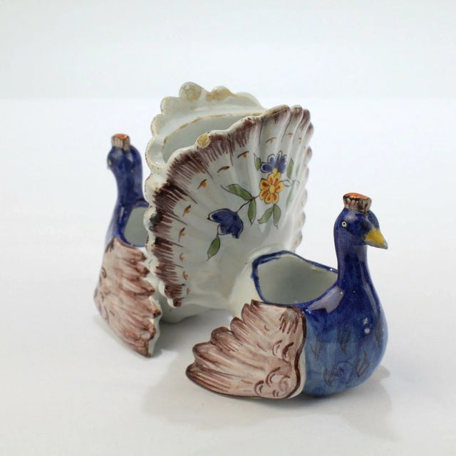 Antique Figural French Faience Pottery Peacocks Double Salt Cellar For Sale - Image 13 of 13