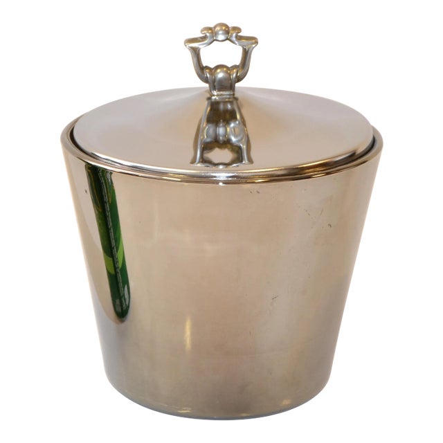 1970s Art Deco Style Barware Steel Martini Ice Bucked Insulated Black Mirrored Glass Brass Handle For Sale