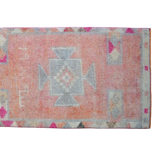 Hand-Knotted Turkish Runner Rug . Low Pile Distressed Short Runner Rug 3′ × 10′6″ For Sale - Image 10 of 12