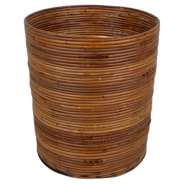 Italian Rattan and Bamboo Round Basket Plant Holder Vase, 1960s For Sale