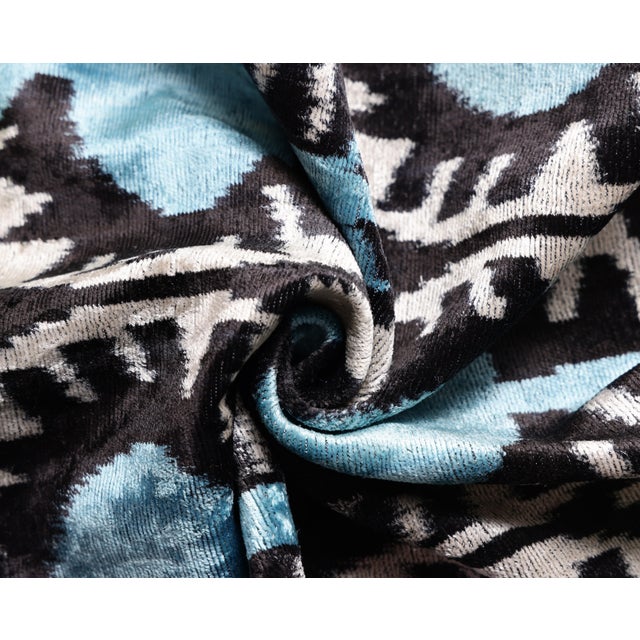 Textile Handmade Aqua Blue Ikat Velvet Lumbar Pillow 16x24 | Soft Turquoise & Black Abstract For Sale - Image 7 of 8
