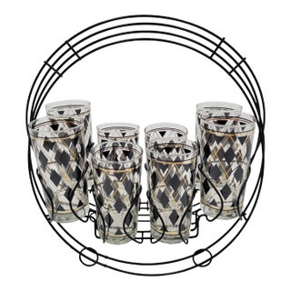 1960s Libbey Mid-Century Modern Black Gold Argyle Pattern Glassware and Carousel Caddy Set- 9 Pieces For Sale
