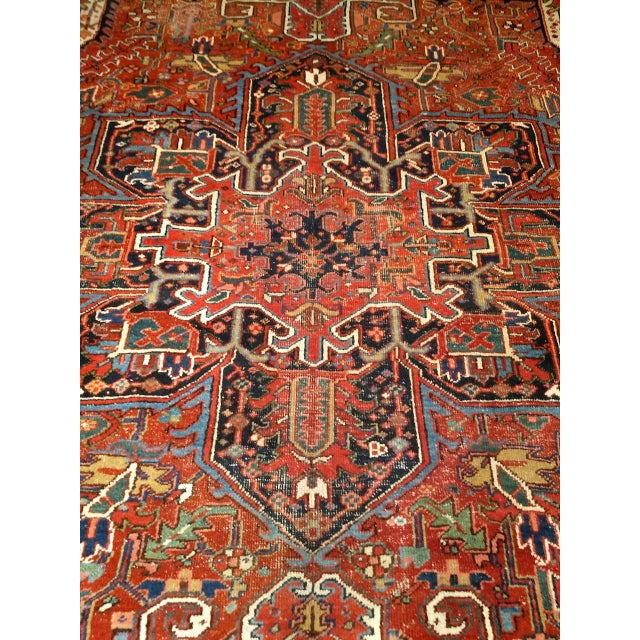 Antique Persian Heriz Karajah Rug, Hand-Knotted Wool, Geometric Medallion Pattern, Brick-Red & Navy, 9x12 For Sale - Image 11 of 17