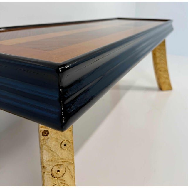 Wood Italian Art Deco Bench with Zebrawood and Cherrywood Inlays and Gold Leaf Legs, 1980s For Sale - Image 7 of 13