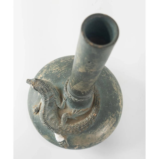 Green Aesthetic Movement Art Pottery Vase With Lizard, Restored For Sale - Image 9 of 13