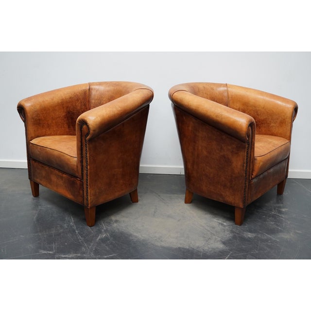 Industrial Vintage Dutch Cognac Leather Club Chairs, Set of 2 For Sale - Image 3 of 18