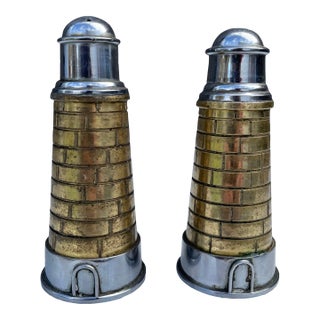 Late 20th Century Brass & Stainless Steel Lighthouse Salt and Pepper Shakers For Sale