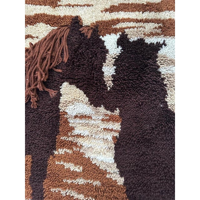 Pretty vintage hand knotted tapestry with nice design showing two horses in love with beautiful colours on brown and...