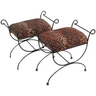 Mid-Century Modern Iron Leopard Print Cerule Benches - a Pair For Sale