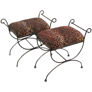 Mid-Century Modern Iron Leopard Print Cerule Benches - a Pair