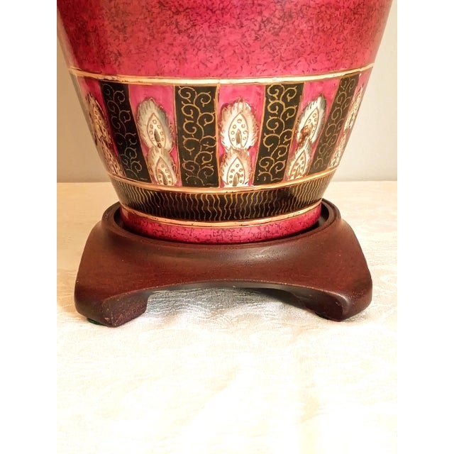 1980s Wescal Lamp Company Burgandy and Black Chinoiserie Table Lamps Set of Two W/ Imperial Pagoda Shades For Sale - Image 10 of 17