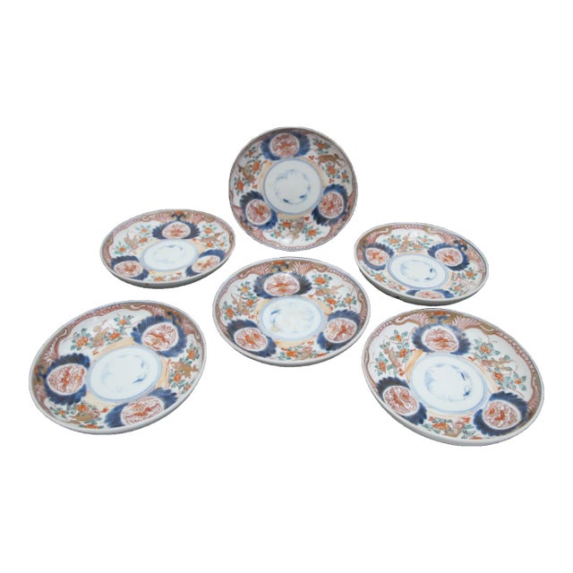 Japanese Imari Hand Painted Kirin & Flower Porcelain 4 3/4" Plate Set of 6 For Sale