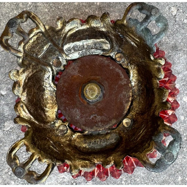 Metal Vintage 1973 Brass Footed Ruby Red Diamond Cut Glass Compote Dish For Sale - Image 7 of 12