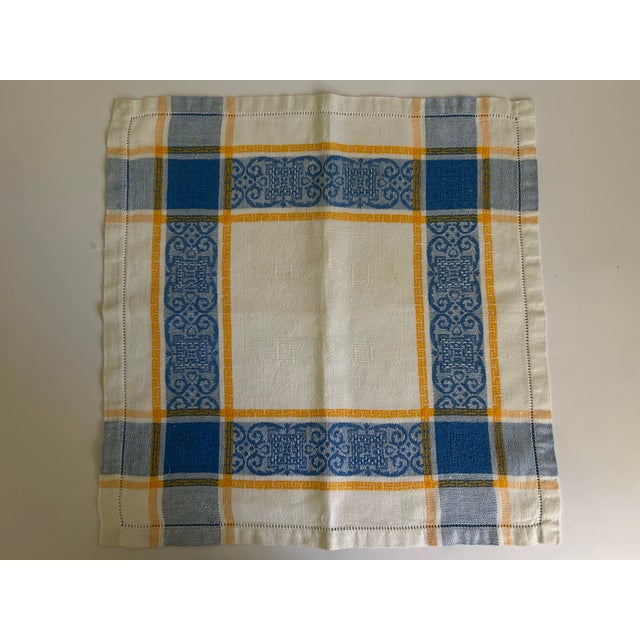 Vintage European Linen Napkins, Blue & Mustard Jacquard Plaid With Damask Border, Hemstitched - Set of 6 For Sale - Image 11 of 12