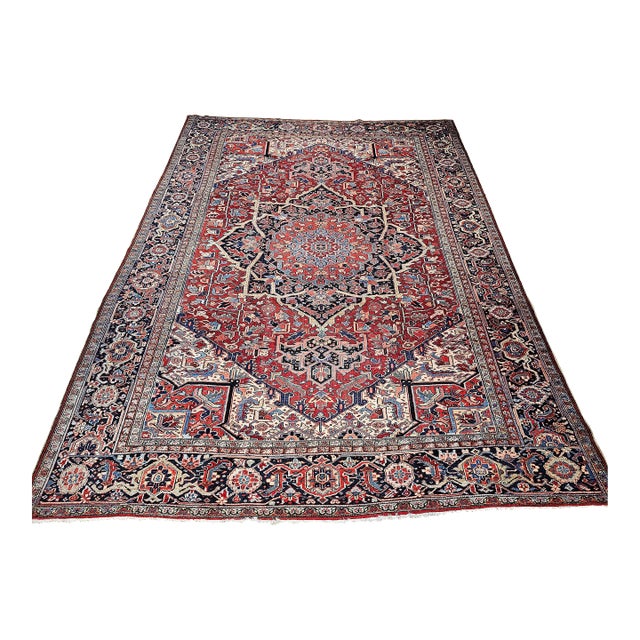 Vintage Oversize Persian Heriz Serapi Rug, Hand-Knotted Geometric Pattern, Red & Blue, 11’ X 15’ For Sale
