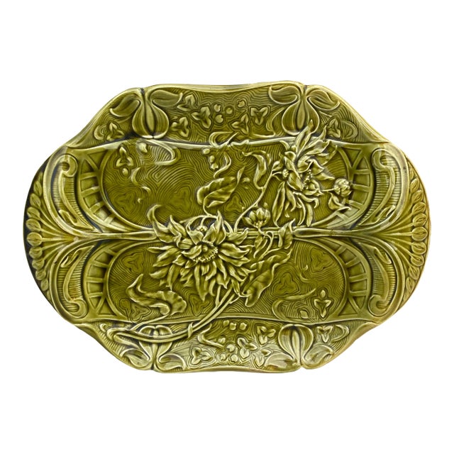 Green Majolica Asparagus Platter Keller & Guerin Saint Clement, Circa 1900 For Sale