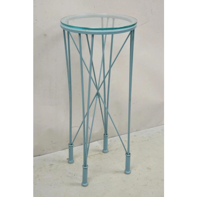 Vintage Postmodern Blue Wrought Iron "Skyscraper" Glass Top Pedestal Stand Side Table. Circa Late 20th Century....