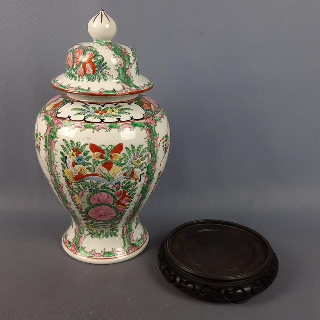1950s Vintage Hand-Painted Potiche Porcelain Vase with Wooden Base, 1950s For Sale - Image 5 of 11