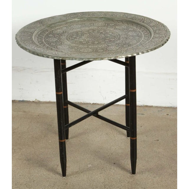 Antique Persian style copper tinned silver tray on folding Stand. Amazing finely hand etched very fine intricate floral...