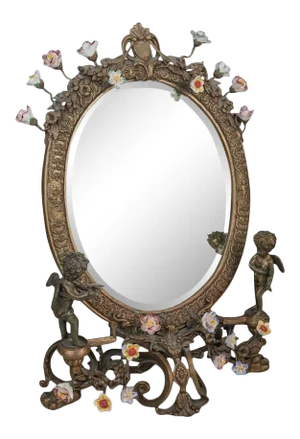 Italian Bronze Floral Cherubs Vanity Mirror