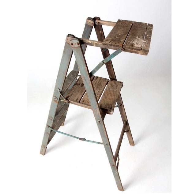 Teal Vintage Wooden Platform Ladder For Sale - Image 8 of 13