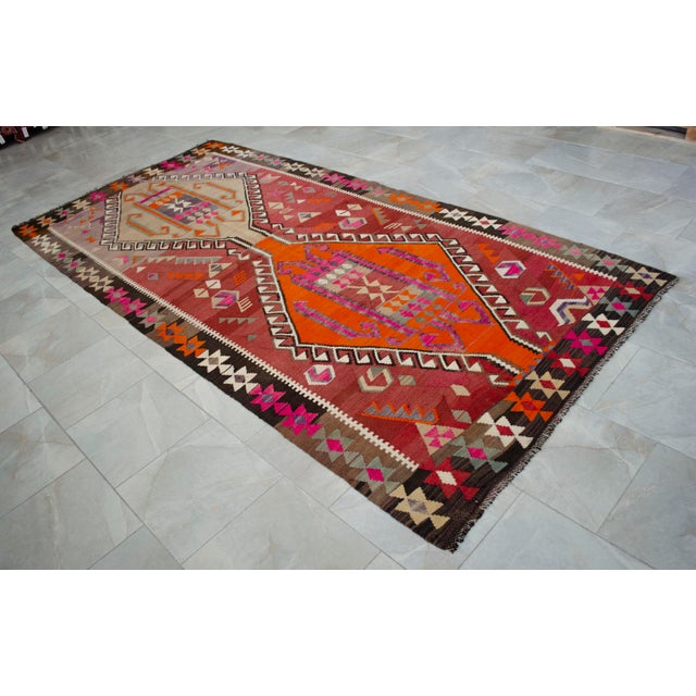 5x11 Turkish Rug, Handwoven Wool Kilim in Muted Red & Bright Orange, Eastern Anatolian Tribal Art, Rustic Farmhouse Decor For Sale - Image 13 of 16