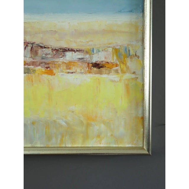 Sky Blue Mid-Century Modern 'Shoreline Light' Vintage Original Swedish Abstract Coastal Landscape Oil Painting, Framed For Sale - Image 8 of 12