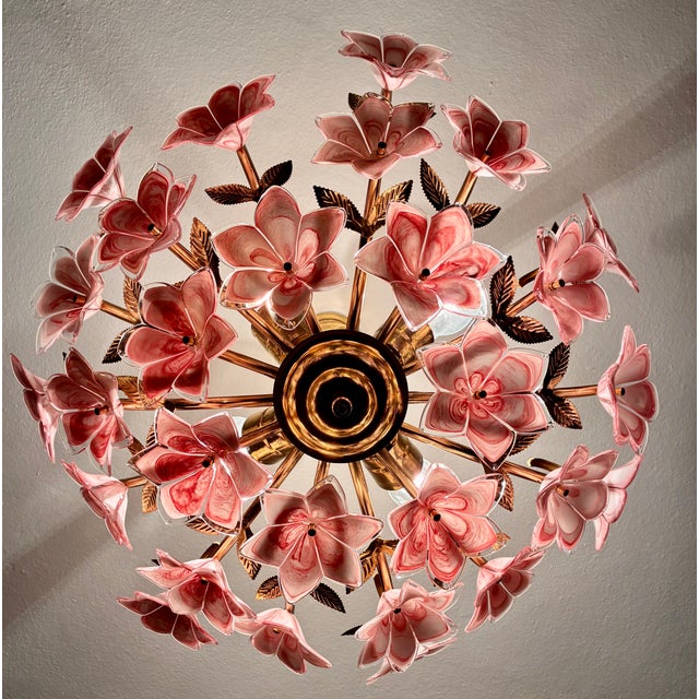 Vintage Murano Glass Floral Chandelier – Rare Deep Pink Flowers, Flush Mount For Sale - Image 9 of 18