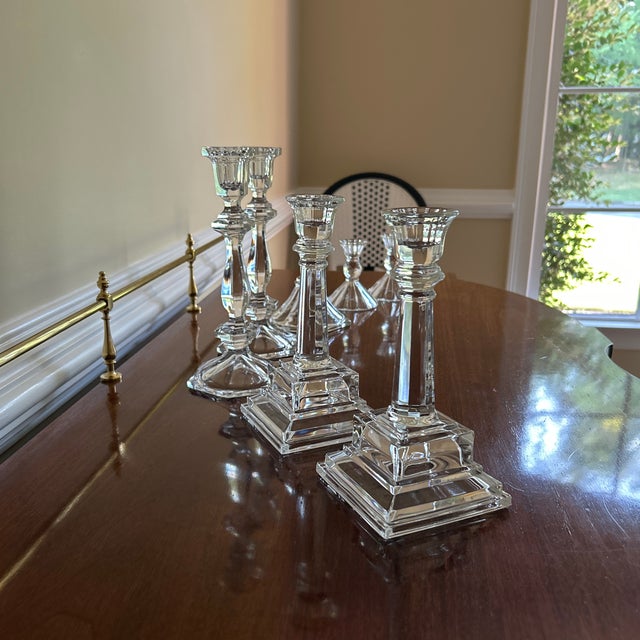 Set of 7 New heavy weight glass Crystal Candle Holders. Size (2) 9” (2) 8” (1) 6” (2) 4”