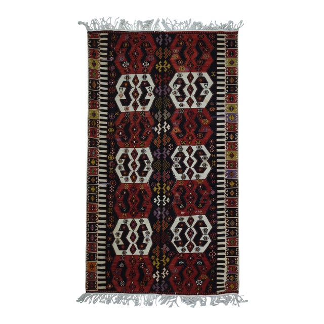 1970s Vintage Handmade Wool Cotton Red Kilim Area Rug For Sale