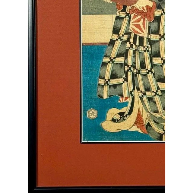 Red Rare Signed 19th C. Utagawa Kunisada Japanese Woodblock Print, Toyokuni III Ukiyo-E Art, Checkered Kimono Portrait, Antique Edo Period Asian Decor For Sale - Image 8 of 16