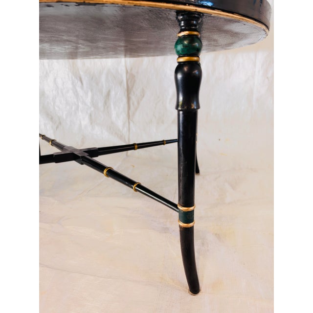 Black Vintage Hollywood Regency Style Hand-Painted Papier-Mâché Oval Tray on Faux Bamboo Stand For Sale - Image 8 of 11