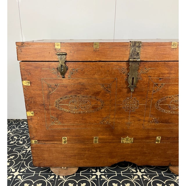 Antique Anglo-Indian Marriage Dowry Campaign Chest on Wheels, 1900s For Sale - Image 12 of 18