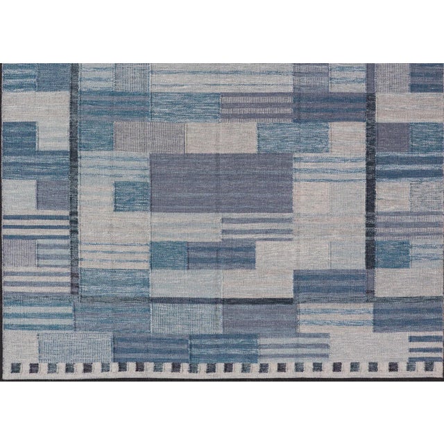 Mid-Century Modern Scandinavian Style Flat-Weave Rug With Modern Design in Gray, Black, and Blues 9'2 X 11'7 For Sale - Image 3 of 10