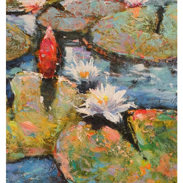 2020s Framed Textured Contemporary Iris Lilies Red White Blue Painting on Canvas For Sale - Image 5 of 9