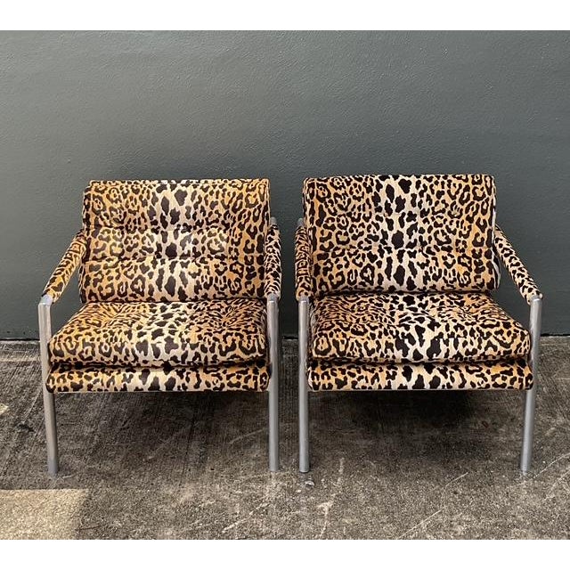 Late 20th Century Vintage Brushed Chrome Leopard Lounge Chairs - A Pair For Sale - Image 5 of 13