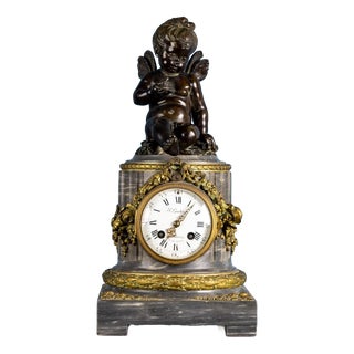 French Clock in Marble and Gilded Bronze with Putto, Late 19th Century For Sale