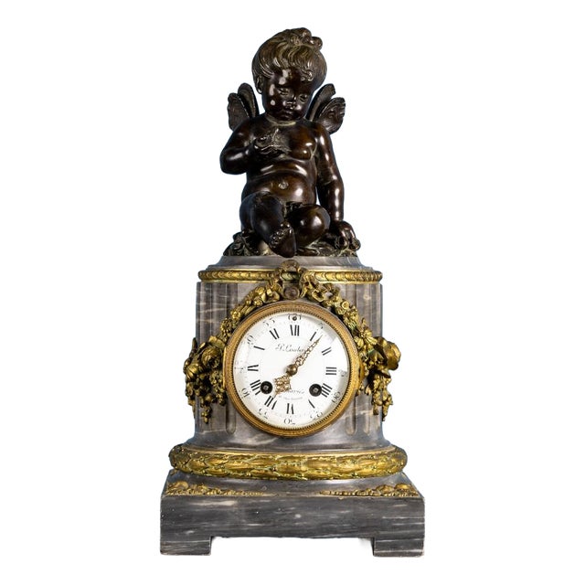 French Clock in Marble and Gilded Bronze with Putto, Late 19th Century For Sale
