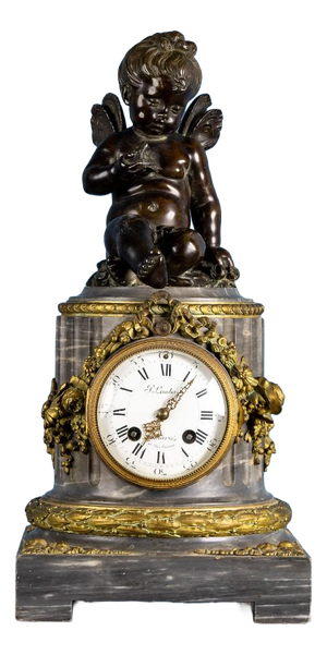 French Clock in Marble and Gilded Bronze with Putto, Late 19th Century