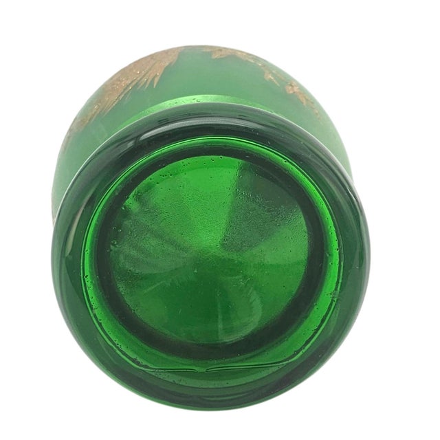 Mid-Century Frosted Emerald Glass Decanter Set With Gilt Pheasant Motif, 15" For Sale - Image 16 of 16