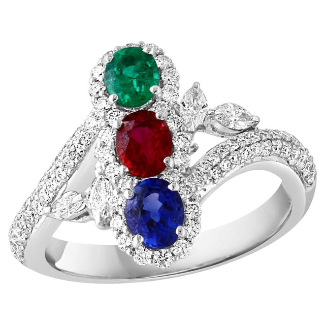 1.2 Ct Fine Natural Emerald Ruby & Sapphire + 1.5 Ct Diamond 18 KWG Ring S 7 For Sale - Image 15 of 18