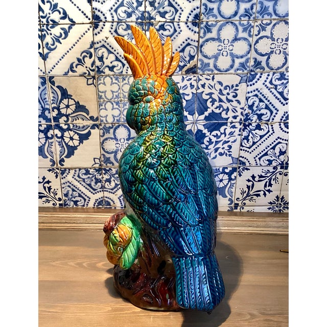 Late 20th Century Late 20th Century Vintage Large Parrot Cockatoo on Perch Glazed Ceramic Bird Sculpture in Vibrant Blue and Orange Polychrome For Sale - Image 5 of 10