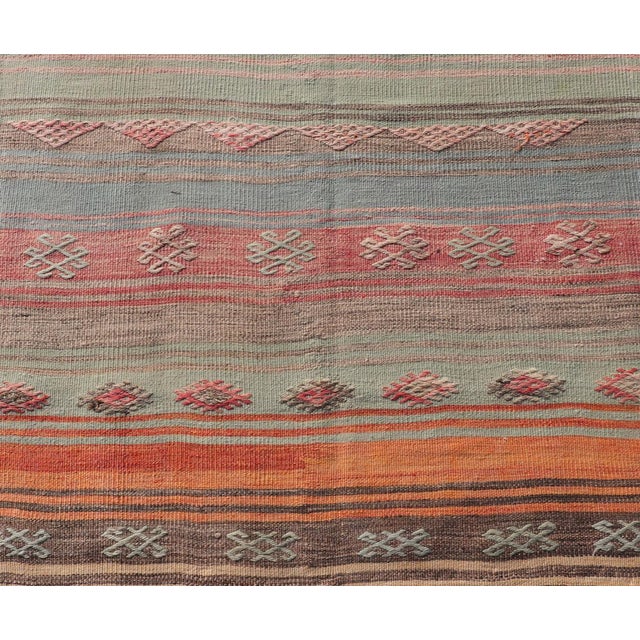 Vintage Turkish Kilim Runner With Pastel Coral, Sage and Blue Stripes For Sale In Atlanta - Image 6 of 10