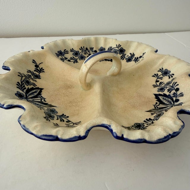 Rustic European Vintage Blue and White Floral Divided Relish Dish With Scalloped Rim For Sale - Image 3 of 10