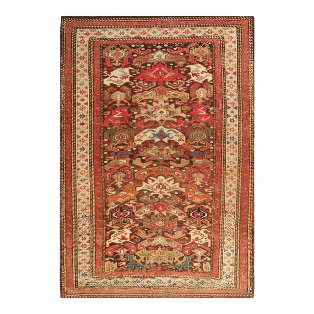 1900s Red Geometric Tribal Antique Caucasian Bidjov Rug 3'2"x 4'5" Handknotted Wool Carpet For Sale