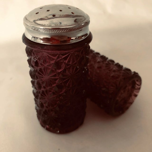 1970s Midcentury Amethyst Cut Glass Salt & Pepper Shakes For Sale - Image 5 of 6