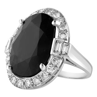 10.96 Ct Mid Night Blue Sapphire & 1 Ct Diamond Cocktail Ring, Platinum, Estate For Sale