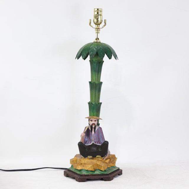 Pair of Vintage Hand-Painted Chinoiserie Tole Palm Tree and Figurine Table Lamps For Sale - Image 4 of 12